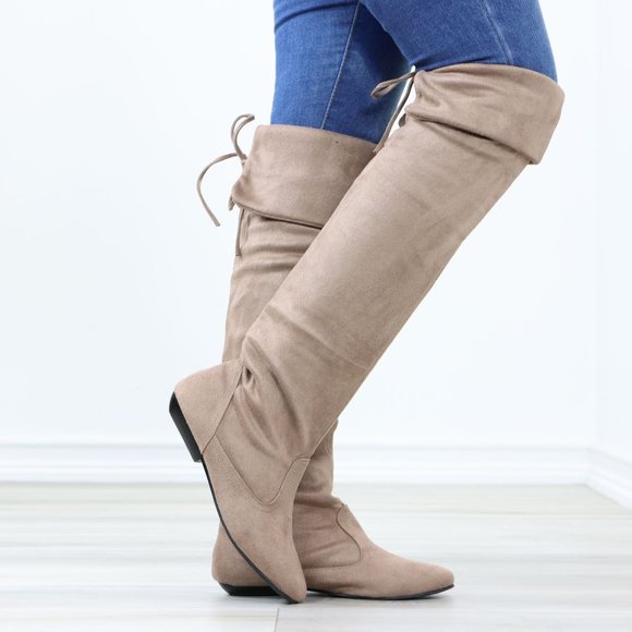 Shoes Fold Over Taupe Thigh High Over The Knee Flat No Heel Boots Faux Suede Pointed Poshmark